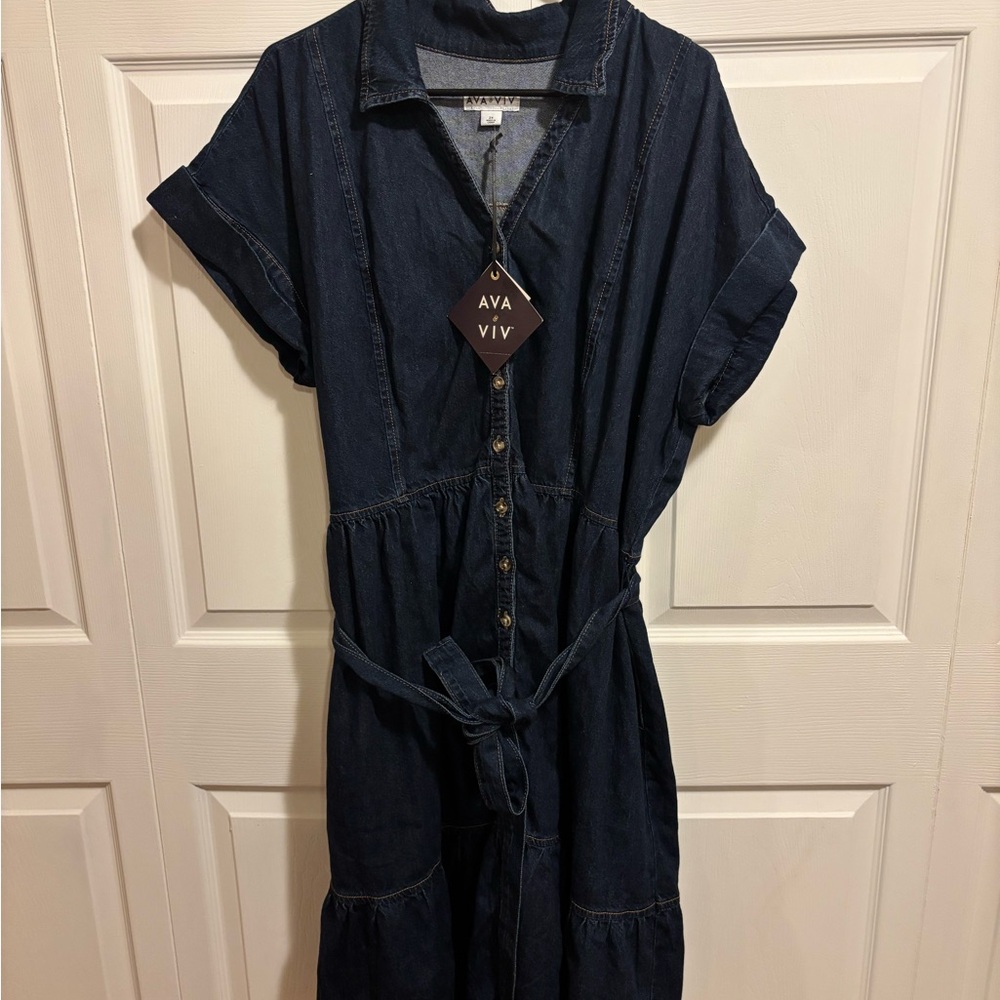 Ava & Viv Blue Midi Wrap Dress with Notched Collar